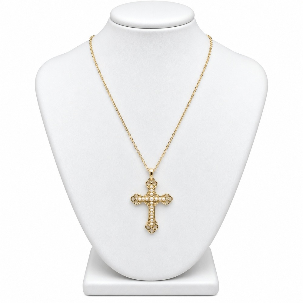 Vintage Style Gold Tone Filigree Cross Necklace Faux Pearl Pendant 18-20in